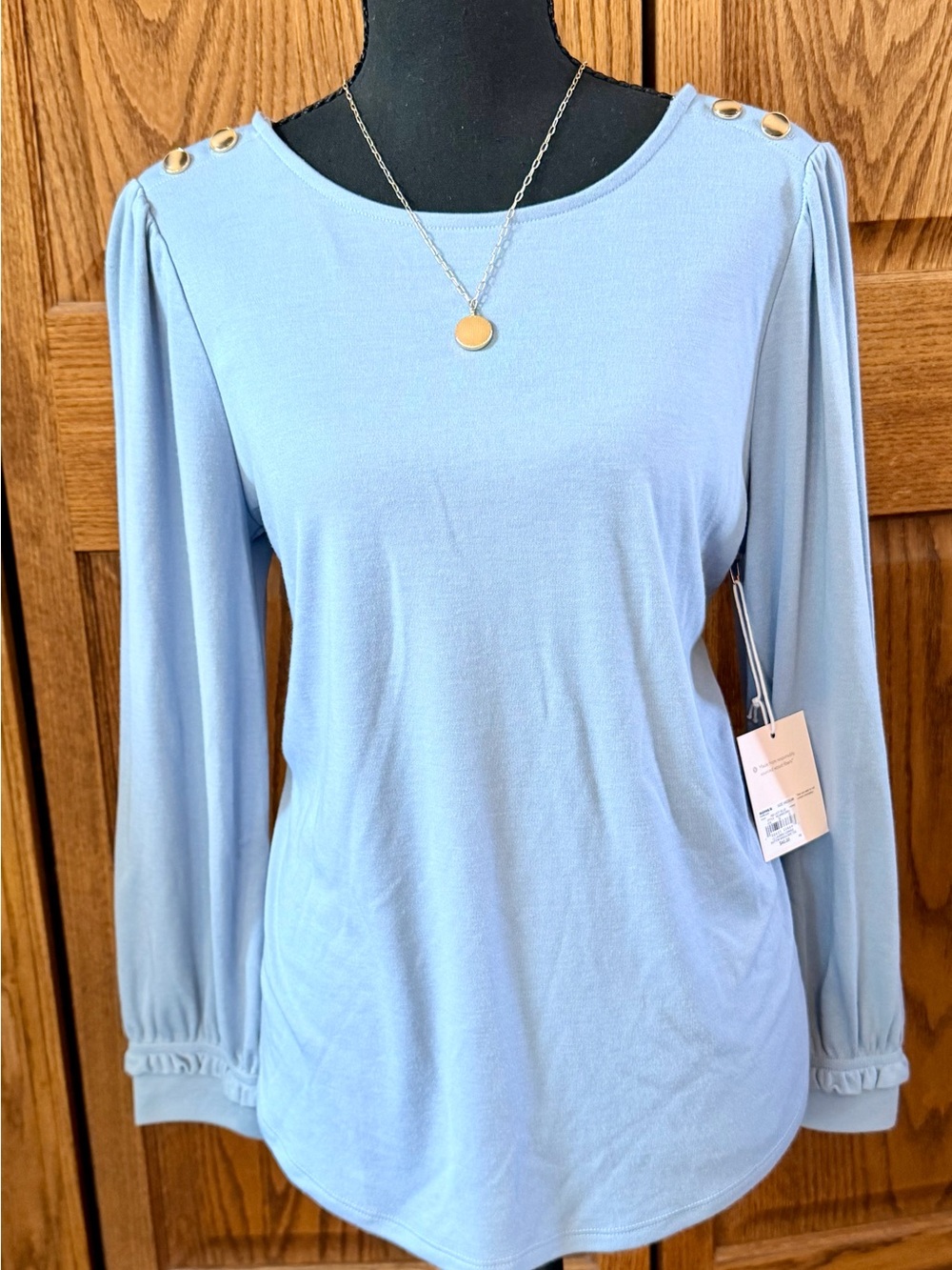 LC Lauren Conrad Light Blue Button-Shoulder Long Sleeve Top